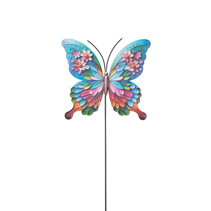 Direct bestellen | Vlinder met bloemen op steker 61x17cm