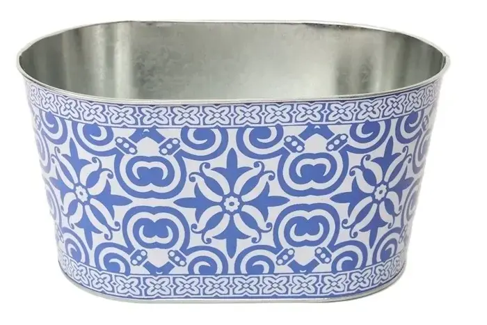 Bestel vandaag | Zinken Bloempot Ovaal Madeira Ø25,5 x H13,5 cm - Blauw Motief