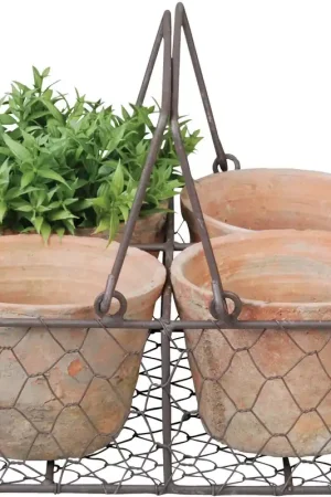 Esschert Design Aged Terracotta 4 Potjes in Draadmand - Nieuw in het assortiment