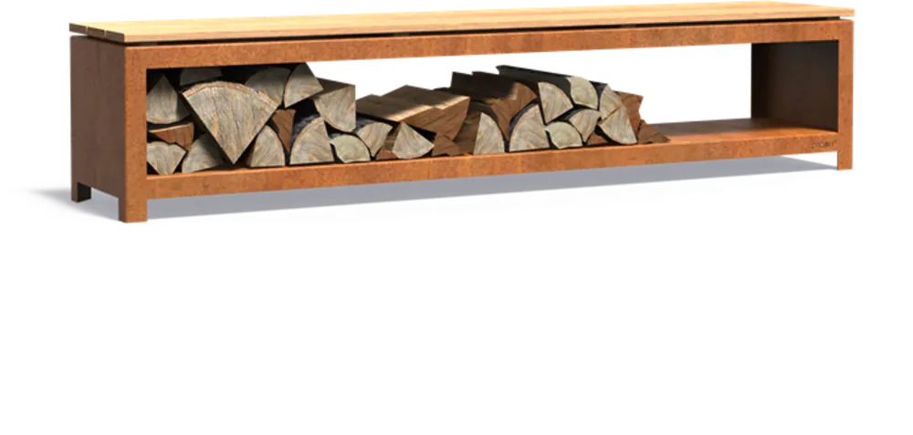 Veilig winkelen | FORNO Houtopslag met Zitting - Cortenstaal, 200 x 40 x 43 cm