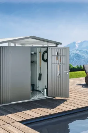 Laatste stuks | Biohort Gereedschapsschuur "Panorama" - Kwartsgrijs Metallic met Dubbele Deur, P1