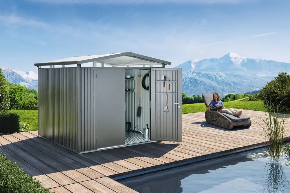 Laatste stuks | Biohort Gereedschapsschuur "Panorama" - Kwartsgrijs Metallic met Dubbele Deur, P1