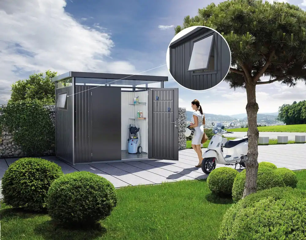 Makkelijk bestellen - Biohort HighLine Gereedschapsschuur incl. Raam I Donkergrijs Metallic - met Standaard Deur, Maat H3