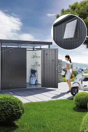 Topproduct | Biohort HighLine Gereedschapsschuur incl. Raam I Donkergrijs Metallic - met Dubbele Deur, Maat H3