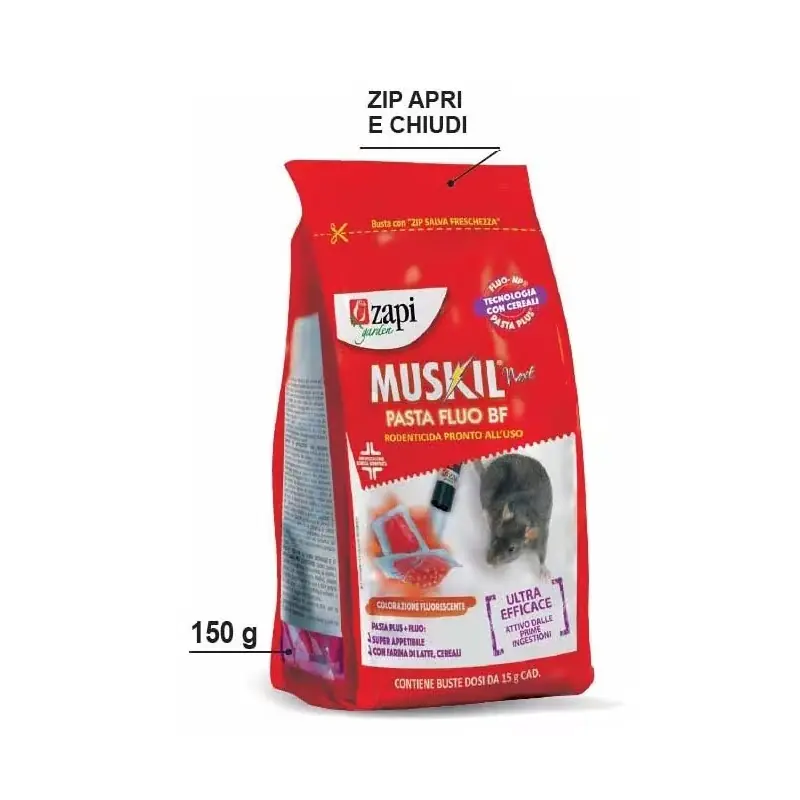 Actieprijs | ZAPI Rodenticide MUSKIL NEXT PASTA FLUO-BF zakje met ritssluiting 150g kabeljauw. 104034